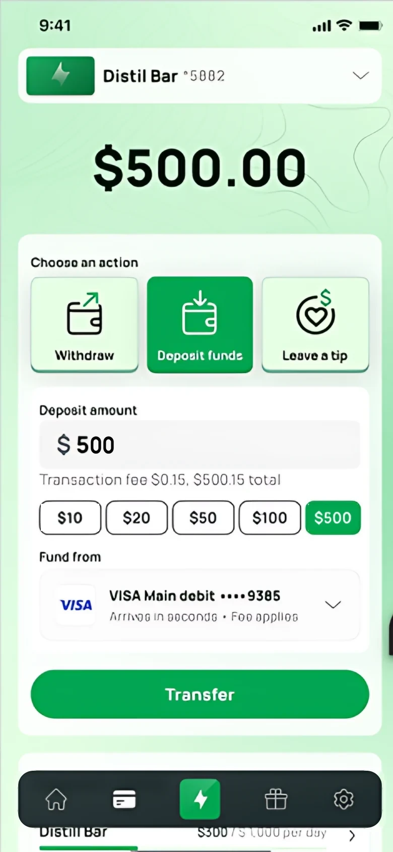 Deposit funds: $500 with the $0.15 fee and the $500.15 total shown, paid from a Visa debit card